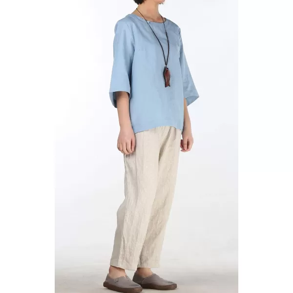 Minibee Womens Loose Cotton Linen Blouse Round Neck with Chinese Frog Button TopsLight Blue