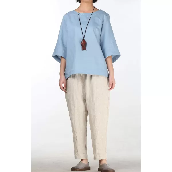 Minibee Womens Loose Cotton Linen Blouse Round Neck with Chinese Frog Button TopsLight Blue