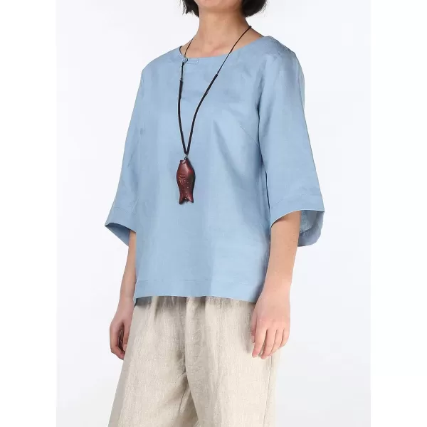 Minibee Womens Loose Cotton Linen Blouse Round Neck with Chinese Frog Button TopsLight Blue