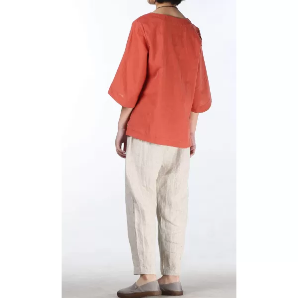 Minibee Womens Loose Cotton Linen Blouse Round Neck with Chinese Frog Button TopsOrange