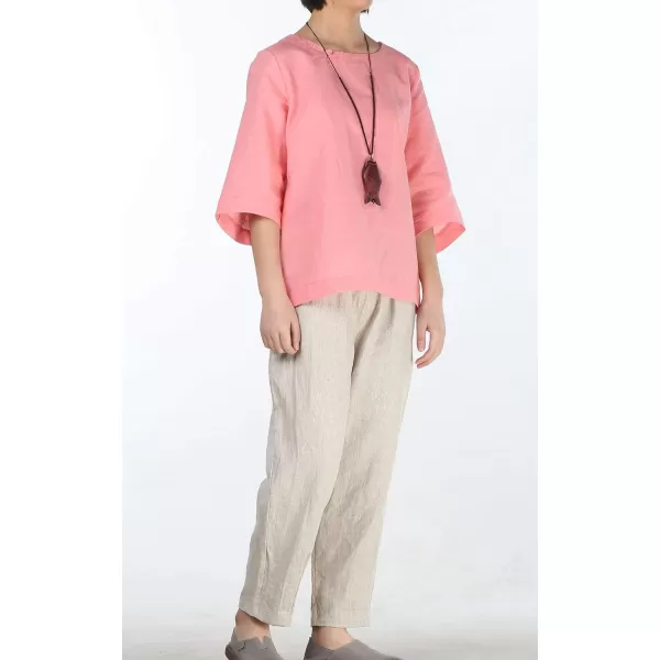 Minibee Womens Loose Cotton Linen Blouse Round Neck with Chinese Frog Button TopsPink