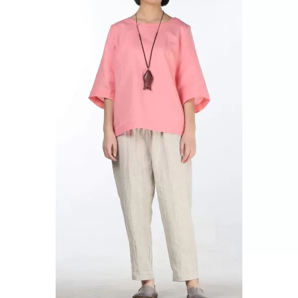 Minibee Womens Loose Cotton Linen Blouse Round Neck with Chinese Frog Button TopsPink