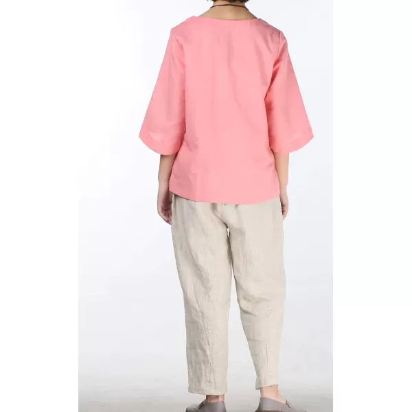 Minibee Womens Loose Cotton Linen Blouse Round Neck with Chinese Frog Button TopsPink