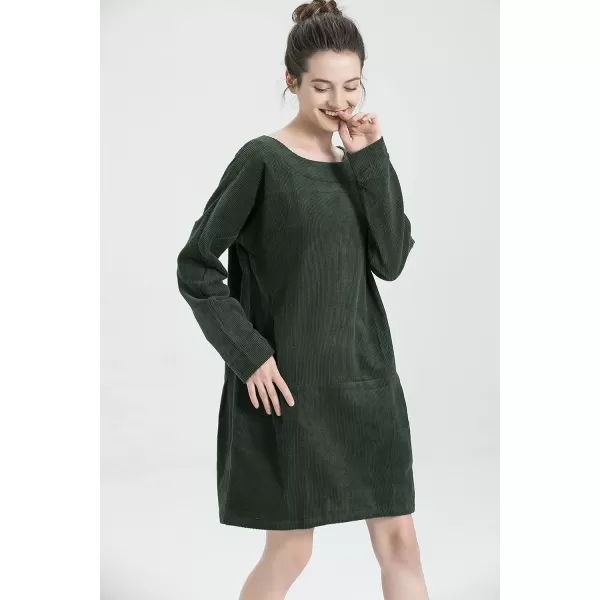 Minibee Womens Oversize Tunic Dress Corduroy Long Sleeve Tops with PocketsDark Green