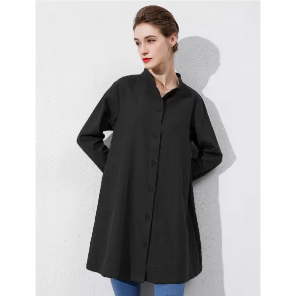 Minibee Womens Oversized Button Down Shirts Long Sleeve Cotton Linen Light Blouse Jacket with PocketsBlack