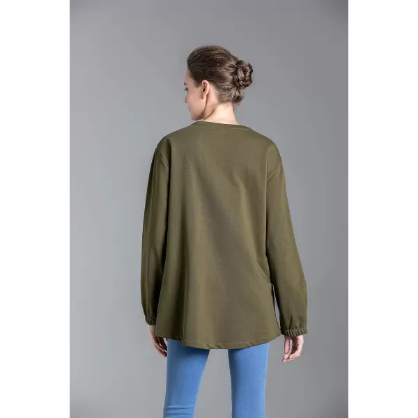 Minibee Womens Oversized Sweatshirt Crewneck Long Sleeve Cotton Pullover Tops with PocketsArmy Green