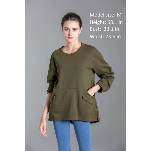 Minibee Womens Oversized Sweatshirt Crewneck Long Sleeve Cotton Pullover Tops with PocketsArmy Green