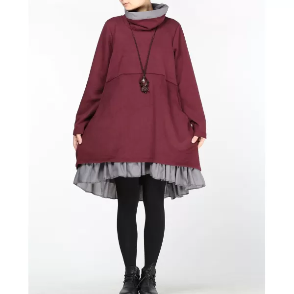 Minibee Womens Oversized Sweatshirt Dress Turtleneck Long Sleeve Tunic Tops Swing Dresses with PocketsBurgundy