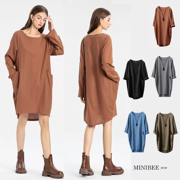 Minibee Womens Oversized Tunic Dress Long Sleeve Loose Baggy Tshirt Tops with PocketsArmy Green