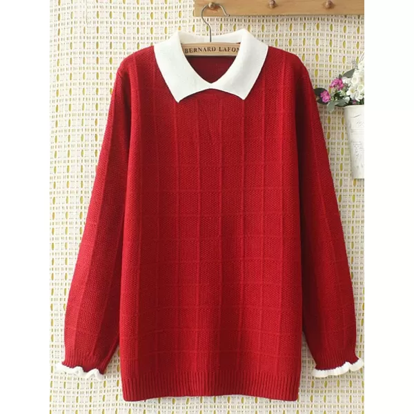 Minibee Womens Pan Collar Knitted Sweater Casual Pullover SweatshirtStyle1 Wine Red