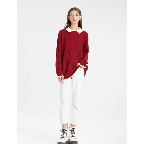 Minibee Womens Pan Collar Knitted Sweater Casual Pullover SweatshirtStyle1 Wine Red