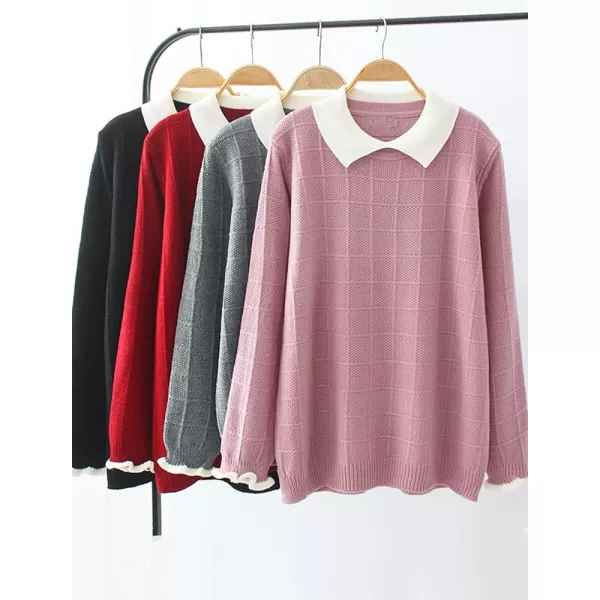 Minibee Womens Pan Collar Knitted Sweater Casual Pullover SweatshirtStyle1 Wine Red