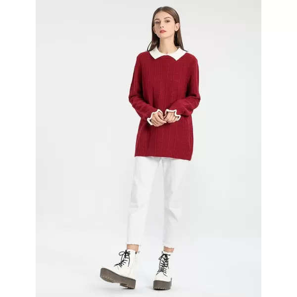 Minibee Womens Pan Collar Knitted Sweater Casual Pullover SweatshirtStyle1 Wine Red