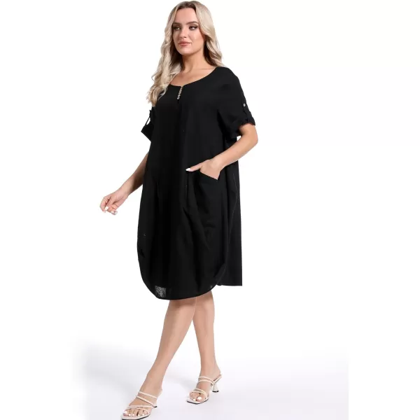 Minibee Womens Ruffle Oversize Casual Midi Dresses with PocketsBlack