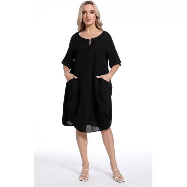 Minibee Womens Ruffle Oversize Casual Midi Dresses with PocketsBlack