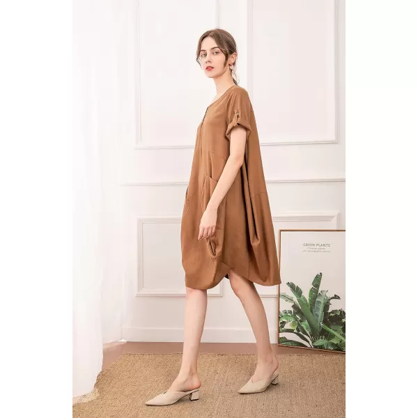 Minibee Womens Ruffle Oversize Casual Midi Dresses with PocketsBrown