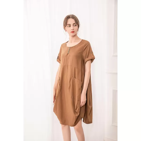 Minibee Womens Ruffle Oversize Casual Midi Dresses with PocketsBrown