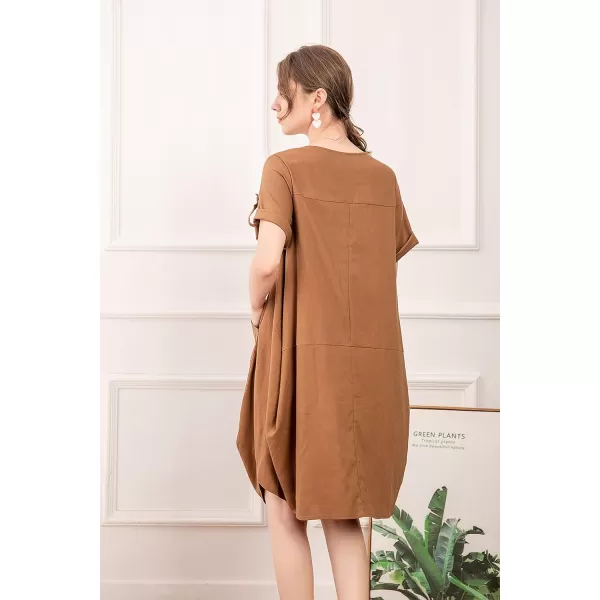 Minibee Womens Ruffle Oversize Casual Midi Dresses with PocketsBrown