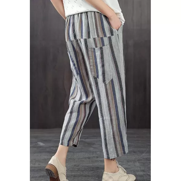 Minibee Womens Striped Linen Pants Casual Wide Leg Cropped TrousersDark Blue