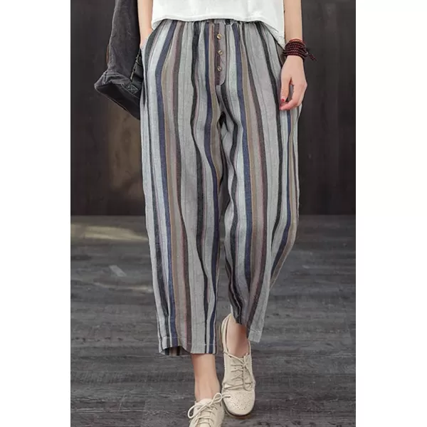 Minibee Womens Striped Linen Pants Casual Wide Leg Cropped TrousersDark Blue