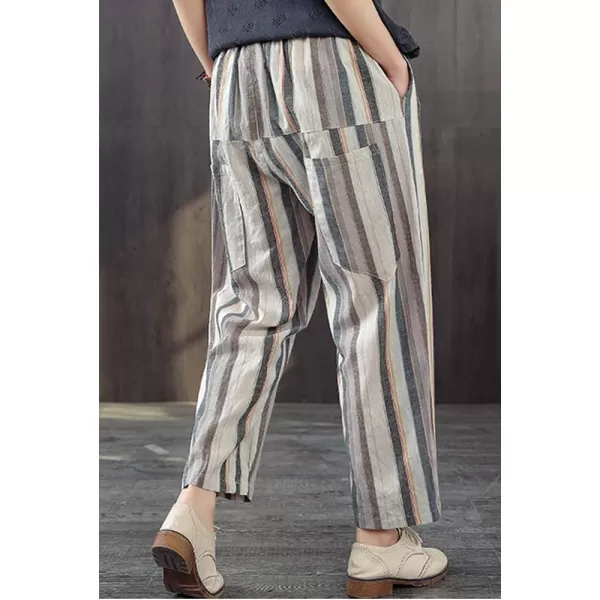 Minibee Womens Striped Linen Pants Casual Wide Leg Cropped TrousersGray