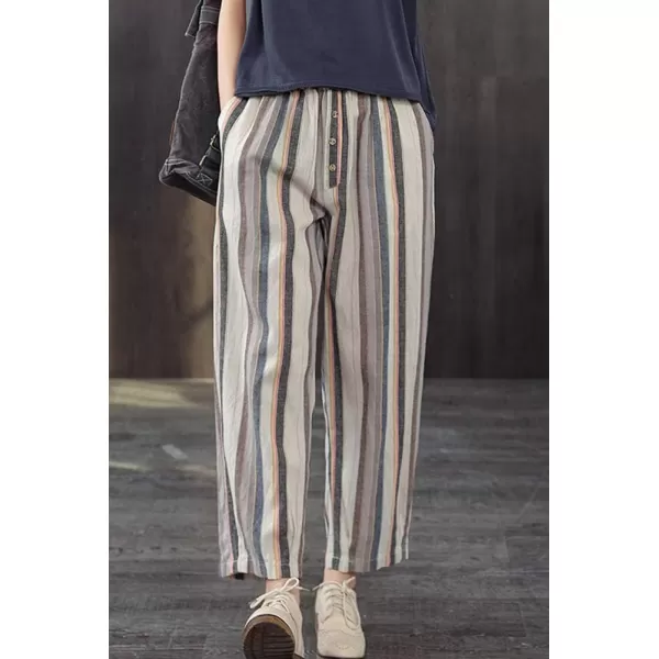 Minibee Womens Striped Linen Pants Casual Wide Leg Cropped TrousersGray