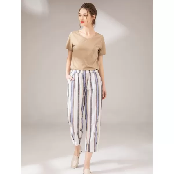 Minibee Womens Striped Linen Pants Casual Wide Leg Cropped TrousersLight Blue