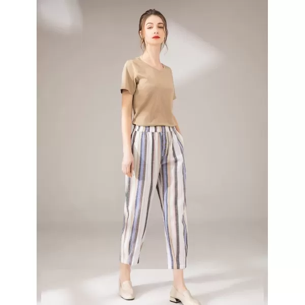 Minibee Womens Striped Linen Pants Casual Wide Leg Cropped TrousersLight Blue