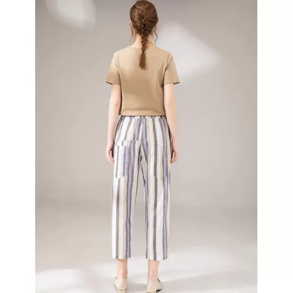 Minibee Womens Striped Linen Pants Casual Wide Leg Cropped TrousersLight Blue