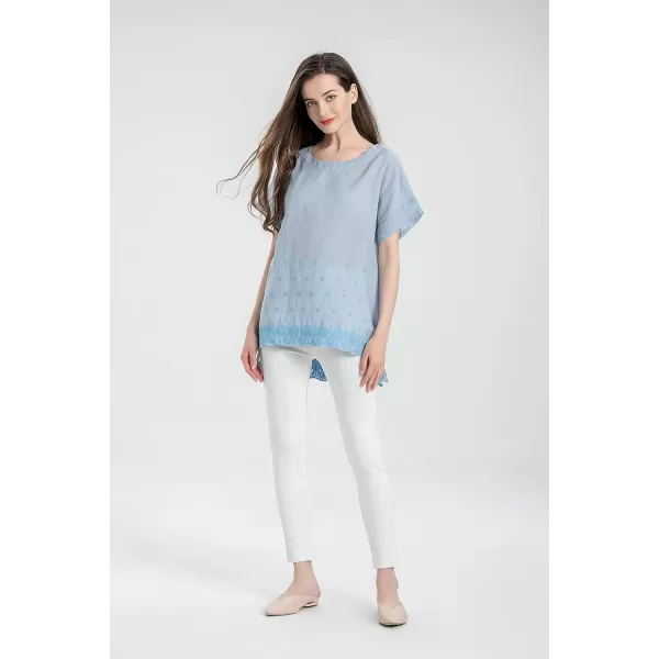 Minibee Womens Summer Linen Tunic Shirt High Low Hem Embroidery Blouse TopBlue