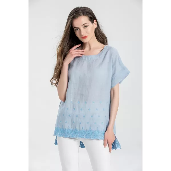 Minibee Womens Summer Linen Tunic Shirt High Low Hem Embroidery Blouse TopBlue