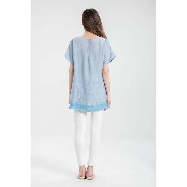 Minibee Womens Summer Linen Tunic Shirt High Low Hem Embroidery Blouse TopBlue