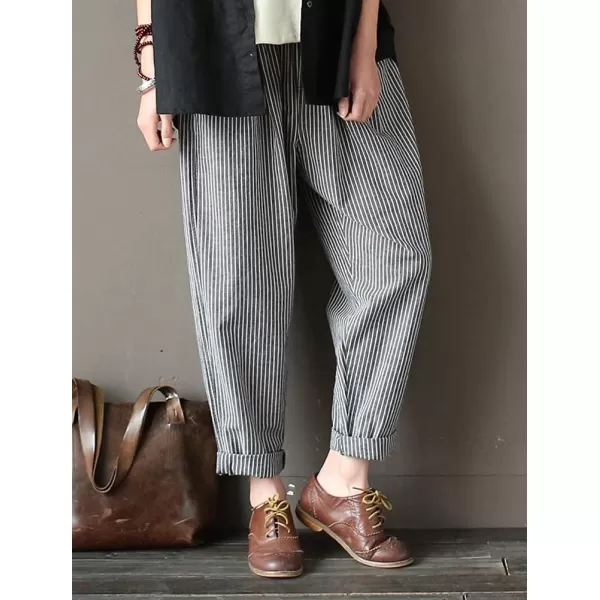 Minibee Womens Wide Leg Harem Pants Cotton Linen Striped Casual Palazzo Pants with PocketsDark Gray