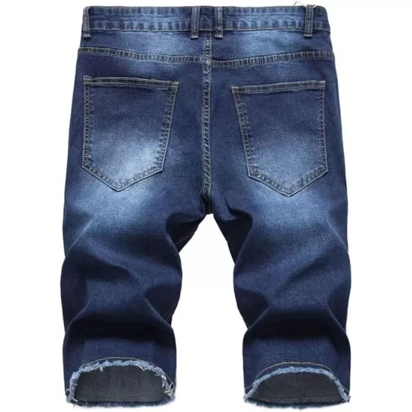 PASOK Mens Casual Denim Shorts Distressed Stretchy Jeans Shorts Ripped Short PantsDark Blue