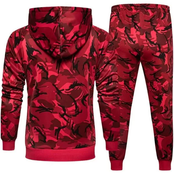 PASOK Mens Casual Tracksuit Set Long Sleeve FullZip Running Jogging Athletic Sweat SuitsCamo Red