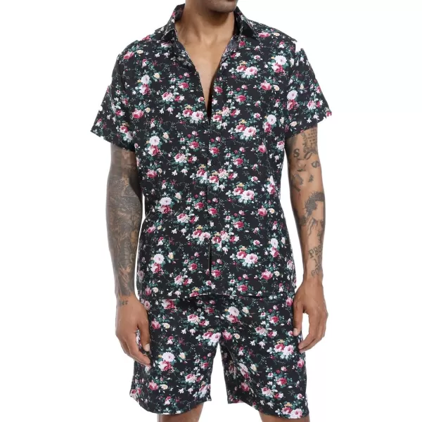 PASOK Mens Floral 2 Piece Tracksuit Casual Button Down Short Sleeve Hawaiian Shirt and Shorts SuitDc09