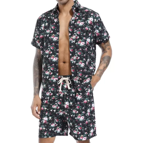 PASOK Mens Floral 2 Piece Tracksuit Casual Button Down Short Sleeve Hawaiian Shirt and Shorts SuitDc09