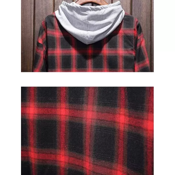 PASOK Mens Plaid Hooded Shirts Casual Long Sleeve Lightweight Shirt JacketsRed