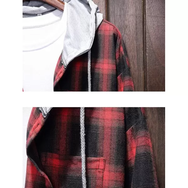 PASOK Mens Plaid Hooded Shirts Casual Long Sleeve Lightweight Shirt JacketsRed