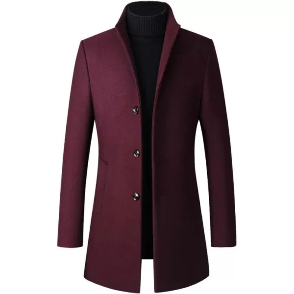 FTCayanz Mens Trench Coat Wool Blend Slim Fit Top Coat Single Breasted Business OvercoatWine