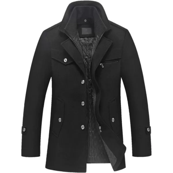 FTCayanz Mens Wool Coat Winter Slim Fit Pea Coats Single Breasted Quilted Lined Trench JacketBlack