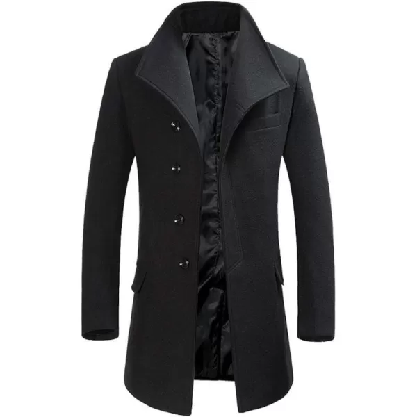 FTCayanz Mens Wool Trench Coat Winter Slim Fit Business Top Coat Single Breasted OvercoatBlack