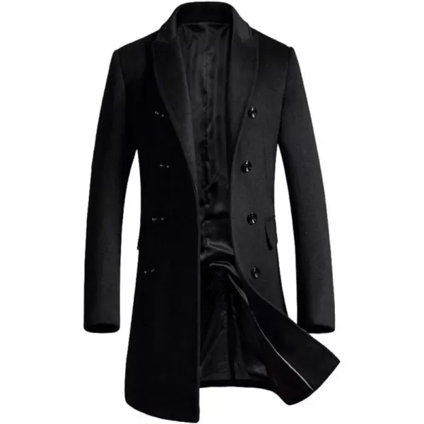 Minibee Mens Woolen Trench Coat Double Breasted Slim Fit Winter Overcoat Long Jacket Business Pea JacketBlack