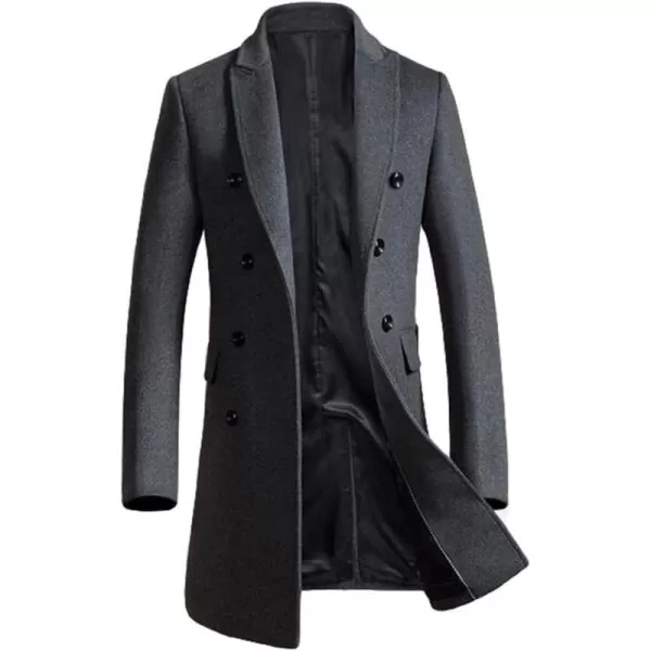 Minibee Mens Woolen Trench Coat Double Breasted Slim Fit Winter Overcoat Long Jacket Business Pea JacketGrey