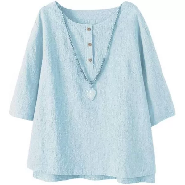 Minibee Womens 34 Sleeve Cotton Linen Jacquard Blouses Top TShirtBlue