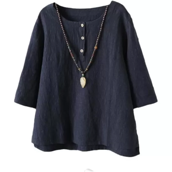 Minibee Womens 34 Sleeve Cotton Linen Jacquard Blouses Top TShirtNavy Blue