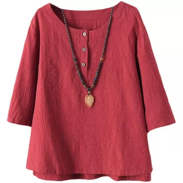 Minibee Womens 34 Sleeve Cotton Linen Jacquard Blouses Top TShirtRed