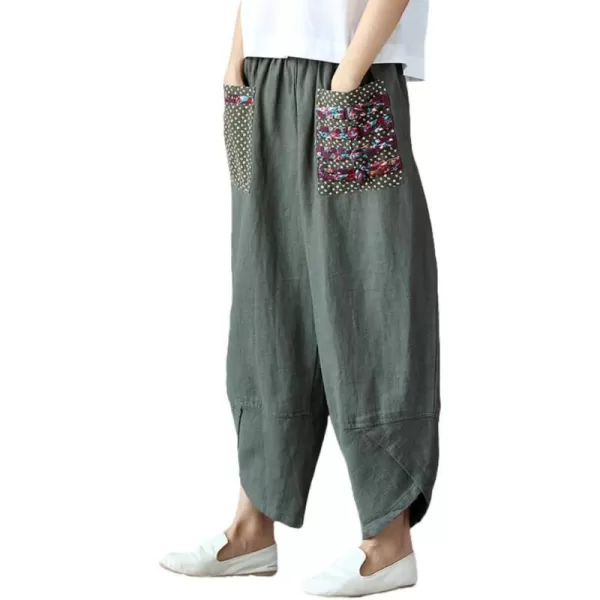 Minibee Womens Baggy Linen Wide Leg Trousers Casual Patchwark Elastic Waist Harem PantsArmy Green