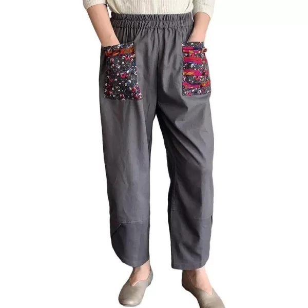 Minibee Womens Baggy Linen Wide Leg Trousers Casual Patchwark Elastic Waist Harem PantsGray