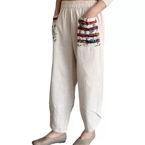 Minibee Womens Baggy Linen Wide Leg Trousers Casual Patchwark Elastic Waist Harem PantsLinen